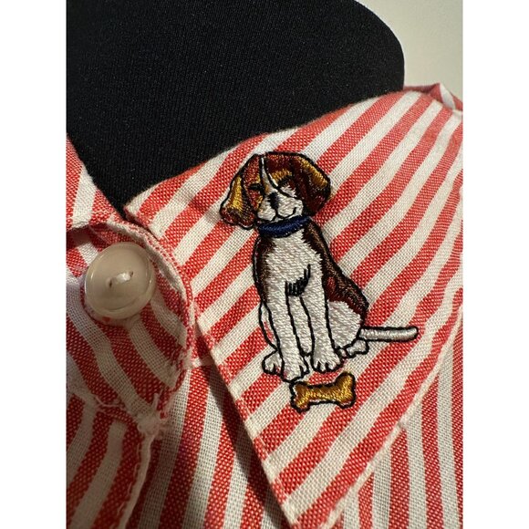 Teddi Red‎ White Striped Shirt with Embroidered Dogs – Size Large - Picture 8 of 13